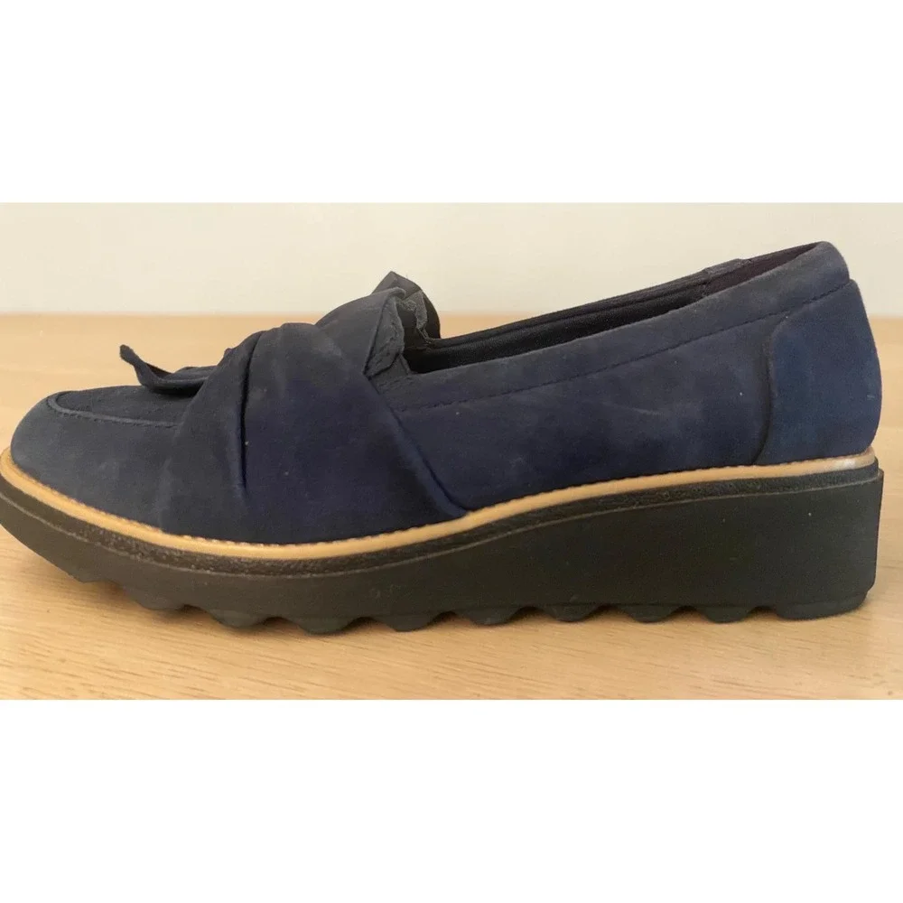 Clarks Collection Sharon Dolly Knotted Suede Wedge Loafers Navy Blue Women's 7